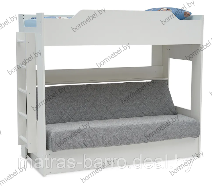 Кровать двухъярусная с диван-кроватью белая/чехол ткань Ambrossia light - фото 1 - id-p218967073