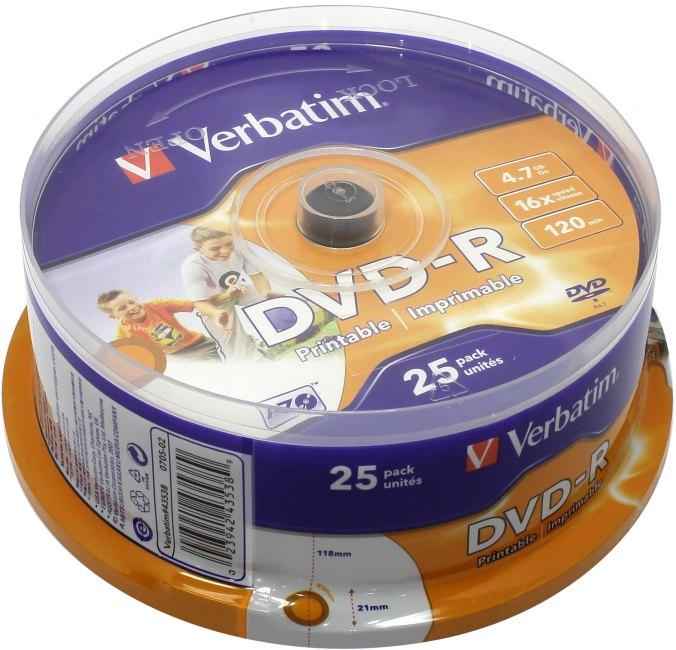 Диск DVD-R Disc Verbatim 4.7Gb 16x уп. 25 шт на шпинделе printable 43538 - фото 1 - id-p210227566