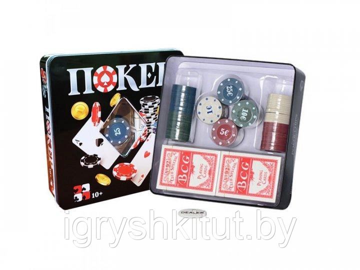 Настольная игра "Покер" в металлической коробке, 100 фишек - фото 1 - id-p219017267