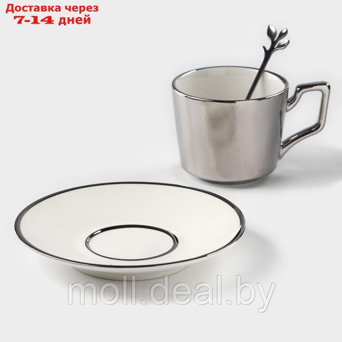 Кофейная пара керамическая "Серебро", 3 предмета: чашка 200 мл, блюдце d=14 см, ложка h=12,5 см, цвет - фото 2 - id-p219014342