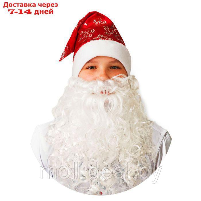 Колпак новогодний с бородой, цвет красный со снежинками, сатин - фото 1 - id-p219014375