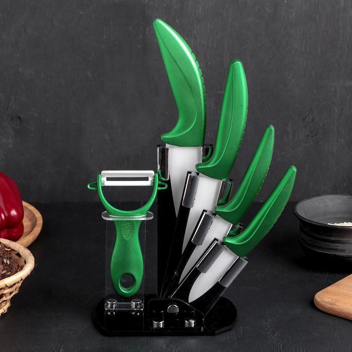 Набор кухонный «Сочная зелень», 5 предметов: 4 ножа 7,5 см, 10 см, 13 см, 15 см, овощечистка, на подставке, - фото 10 - id-p219048330