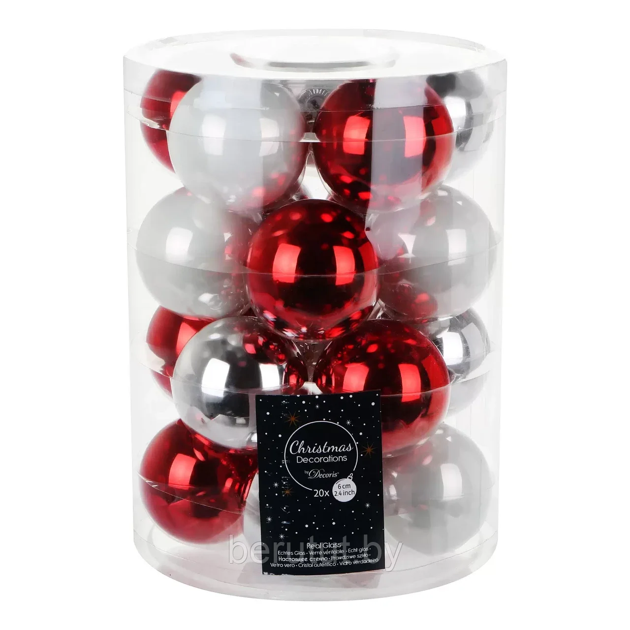 Набор елочных шаров стеклянные 20 штук 6 см белый / красный / серебряный Kaemingk