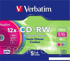 CD-RW диск Verbatim Colour 700Mb 12x 43167 (SlimCase, 5 шт.)