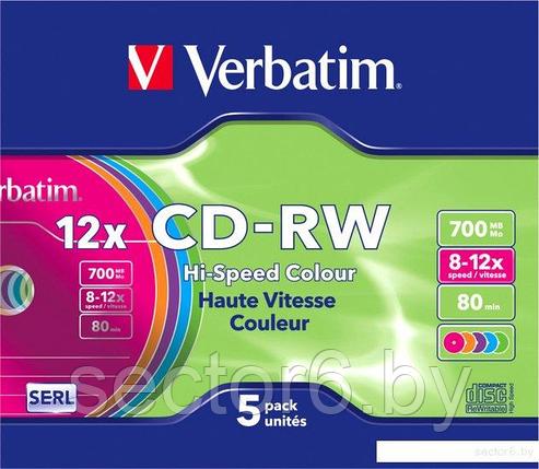 CD-RW диск Verbatim Colour 700Mb 12x 43167 (SlimCase, 5 шт.), фото 2