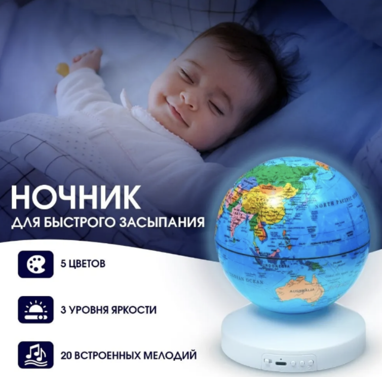 Ночник-проектор звездного неба Глобус Globe Projection , детский светильник ( 20 мелодий, 12 сменных картинок) - фото 8 - id-p219063299