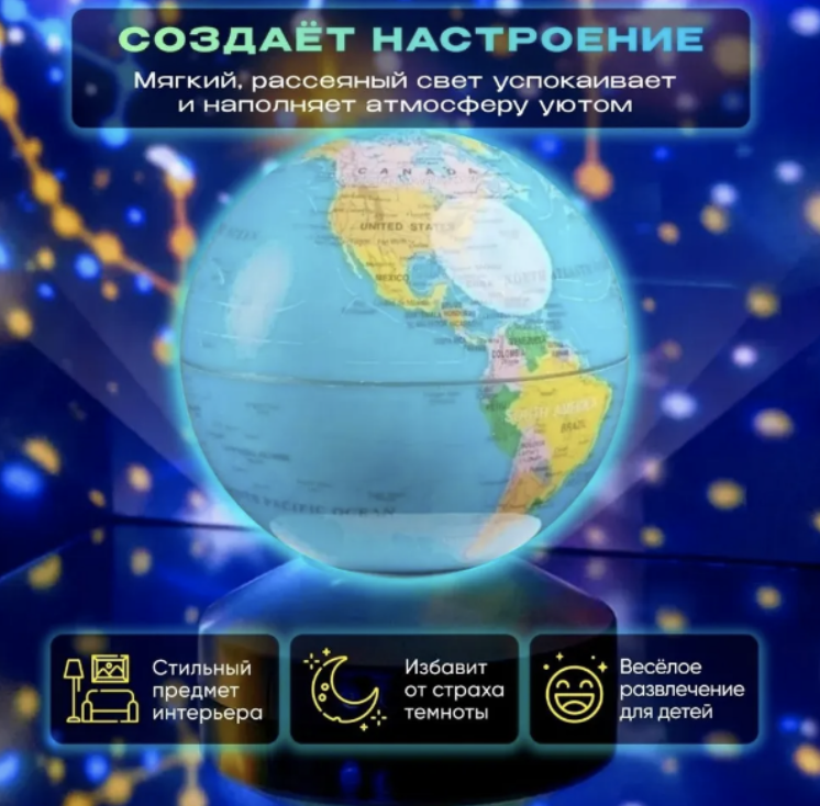 Ночник-проектор звездного неба Глобус Globe Projection , детский светильник ( 20 мелодий, 12 сменных картинок) - фото 7 - id-p219063299
