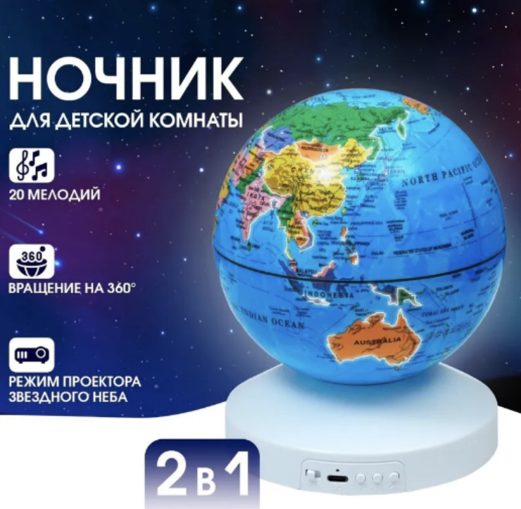 Ночник-проектор звездного неба Глобус Globe Projection , детский светильник ( 20 мелодий, 12 сменных картинок)