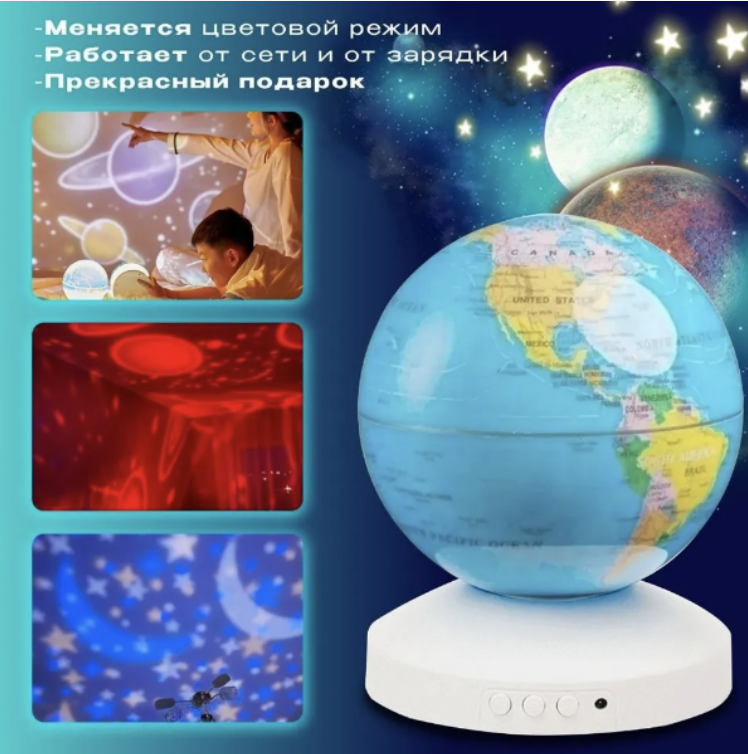 Ночник-проектор звездного неба Глобус Globe Projection , детский светильник ( 20 мелодий, 12 сменных картинок) - фото 9 - id-p219063299