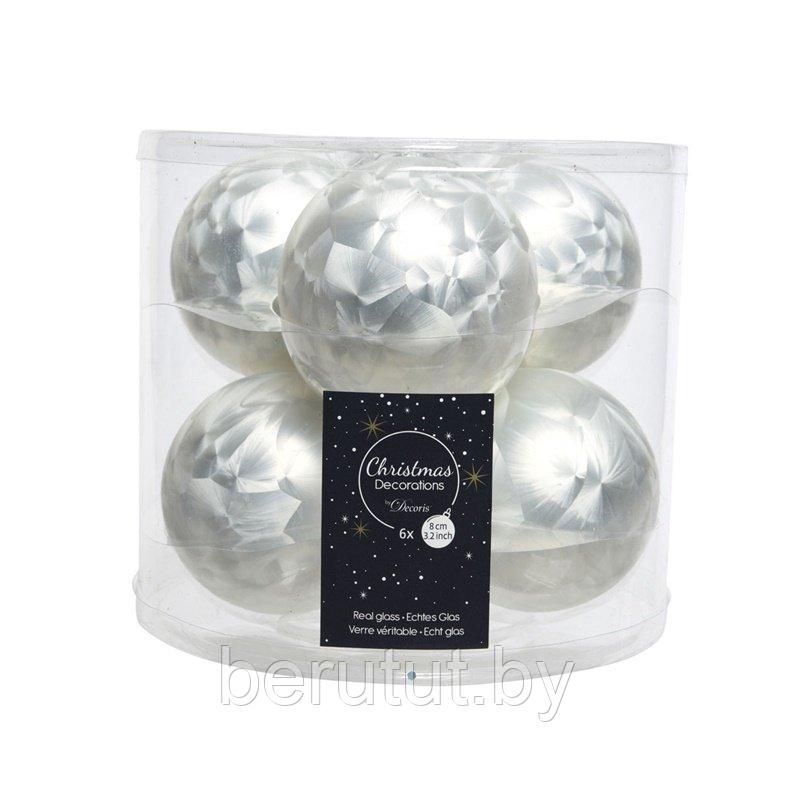 Набор елочных шаров стеклянные 6 штук 8 см белый Kaemingk - фото 1 - id-p219065782