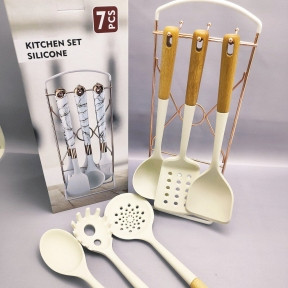 Набор кухонных силиконовых принадлежностей Kitchen set silicone 7 предметов на подставке / Светлое дерево - фото 1 - id-p215122371