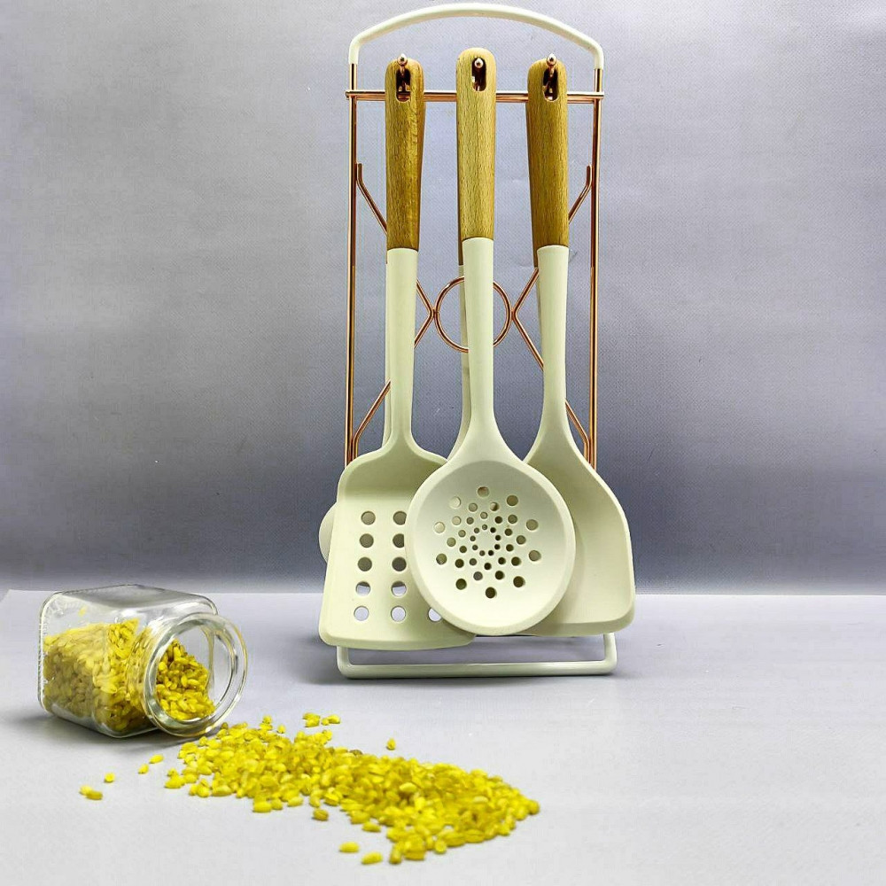 Набор кухонных силиконовых принадлежностей Kitchen set silicone 7 предметов на подставке / Светлое дерево - фото 2 - id-p215122371