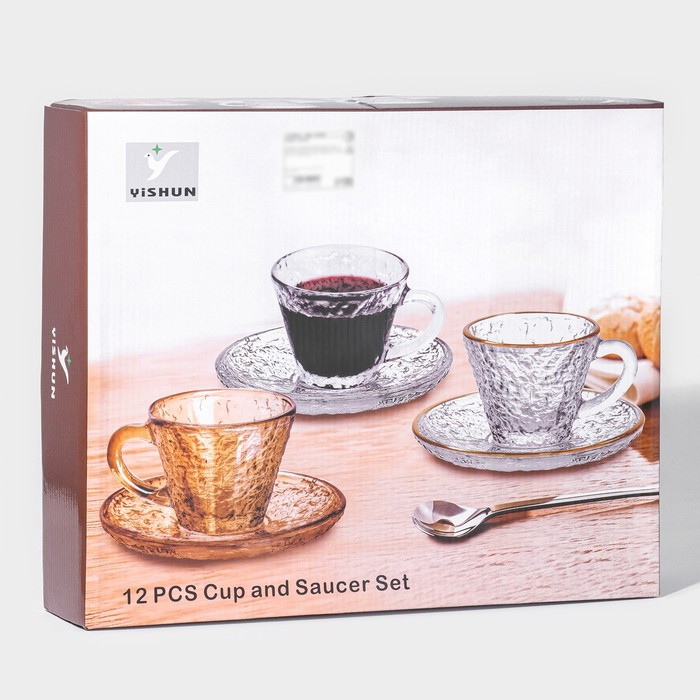 Сервиз чайный стеклянный «Вулкан», 12 предметов: 6 чашек 180 мл, 6 блюдец d=14см, цвет прозрачный - фото 4 - id-p219079362