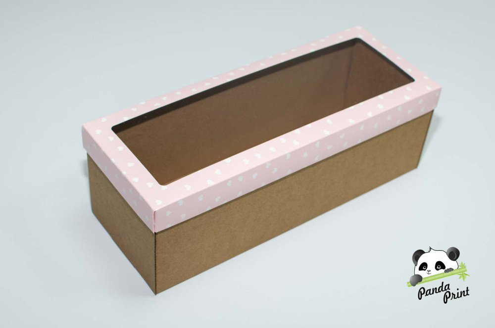 Коробка из гофрокартона 350х130х120 с окном Сердечки белые на розовом - фото 1 - id-p217771502