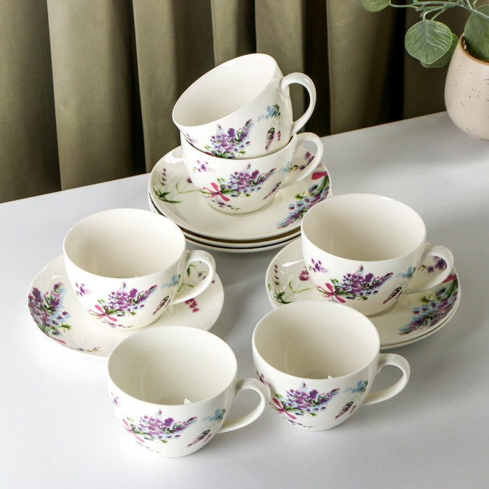 Сервиз чайный фарфоровый Доляна «Лаванда», 12 предметов: 6 чашек 250 мл, 6 блюдец d=15 см, цвет белый - фото 1 - id-p219079364