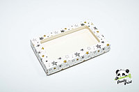 Коробка с прозрачным окном 120х200х30 Черно-золотые звезды (белое дно)