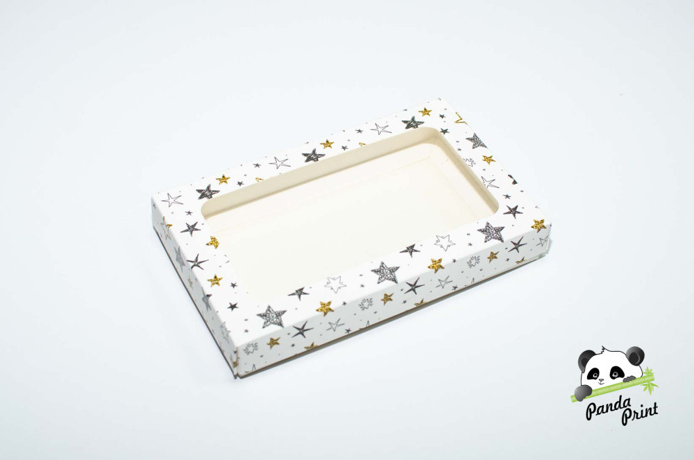 Коробка с прозрачным окном 120х200х30 Черно-золотые звезды (белое дно) - фото 1 - id-p217068291