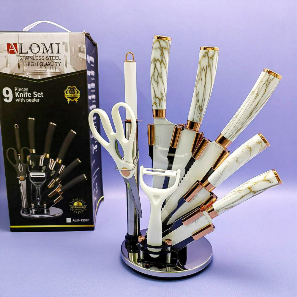 Набор кухонных ножей из нержавеющей стали 9 предметов Alomi на подставке / Подарочная упаковка Белый мрамор - фото 3 - id-p219210216