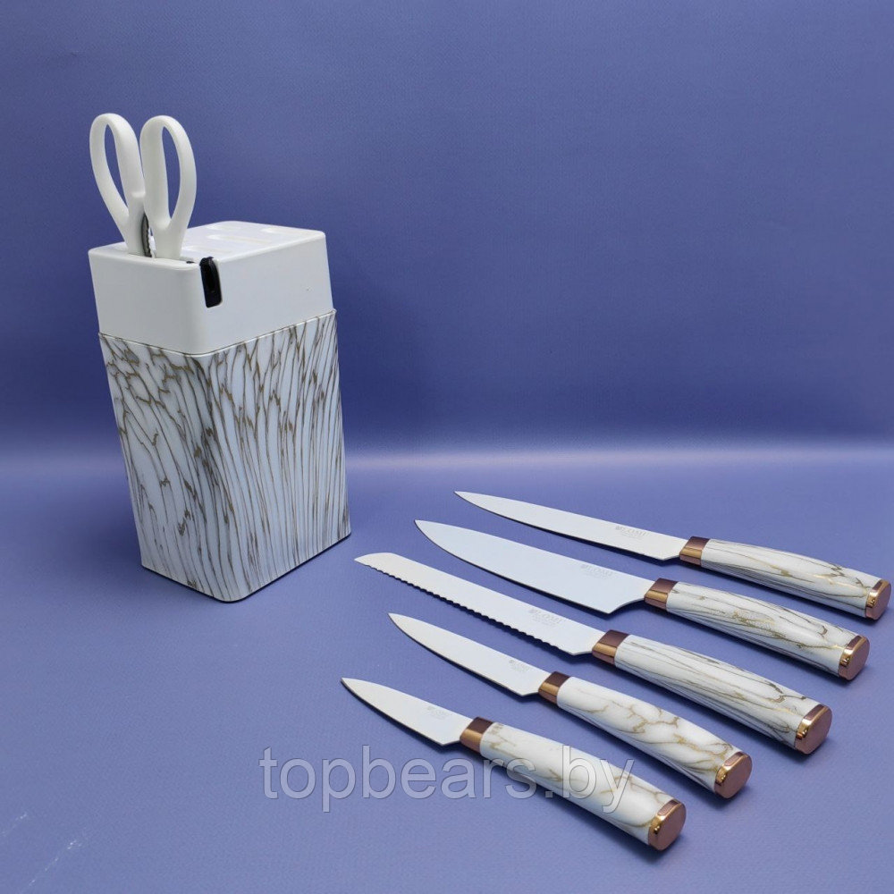 Набор кухонных ножей из нержавеющей стали 7 предметов Alomi на подставке / Подарочная упаковка Белый мрамор - фото 7 - id-p219213666