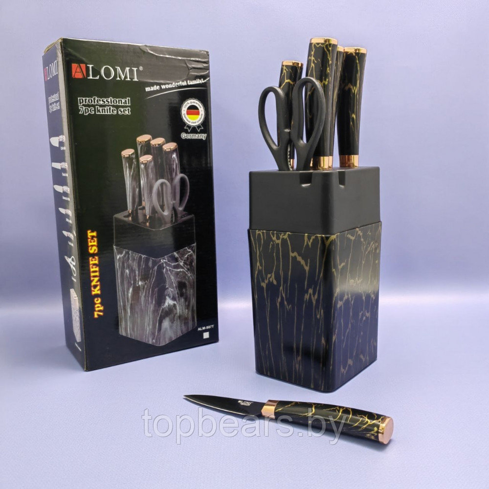 Набор кухонных ножей из нержавеющей стали 7 предметов Alomi на подставке / Подарочная упаковка Черный мрамор - фото 6 - id-p219213668