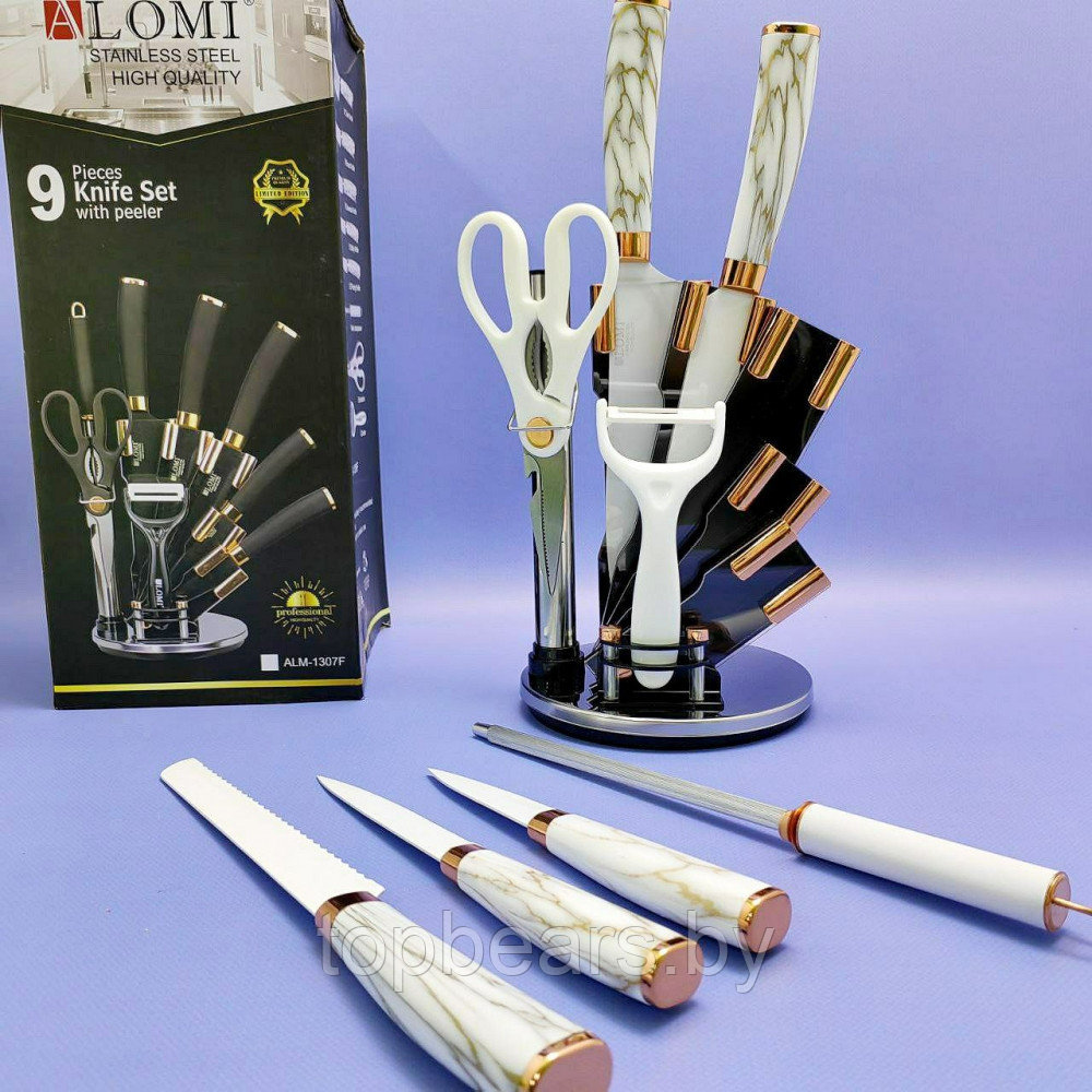 Набор кухонных ножей из нержавеющей стали 9 предметов Alomi на подставке / Подарочная упаковка Белый мрамор - фото 4 - id-p219213673