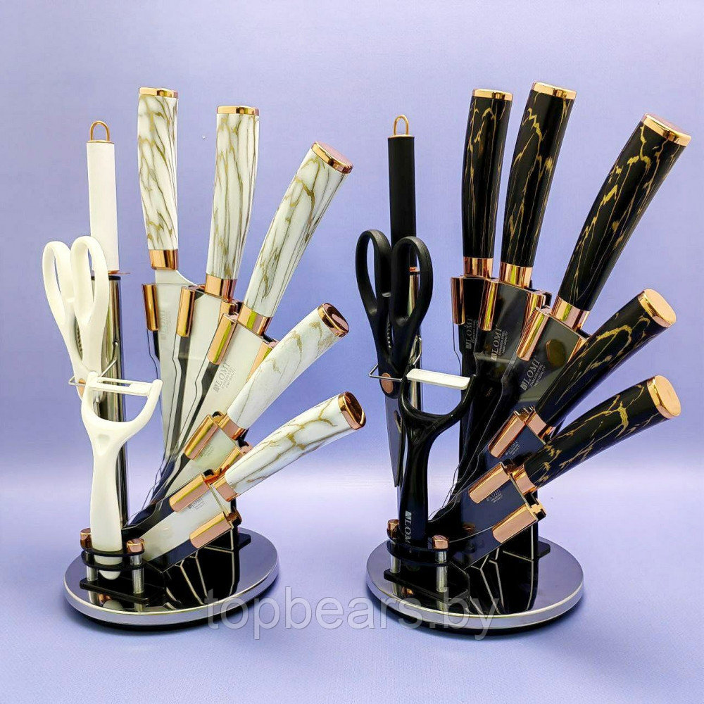 Набор кухонных ножей из нержавеющей стали 9 предметов Alomi на подставке / Подарочная упаковка Белый мрамор - фото 7 - id-p219213673
