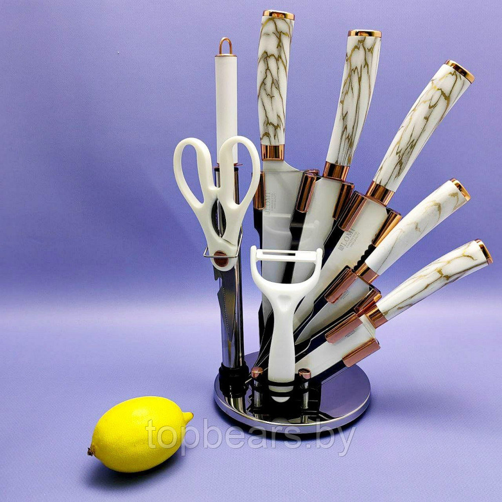 Набор кухонных ножей из нержавеющей стали 9 предметов Alomi на подставке / Подарочная упаковка Белый мрамор - фото 9 - id-p219213673