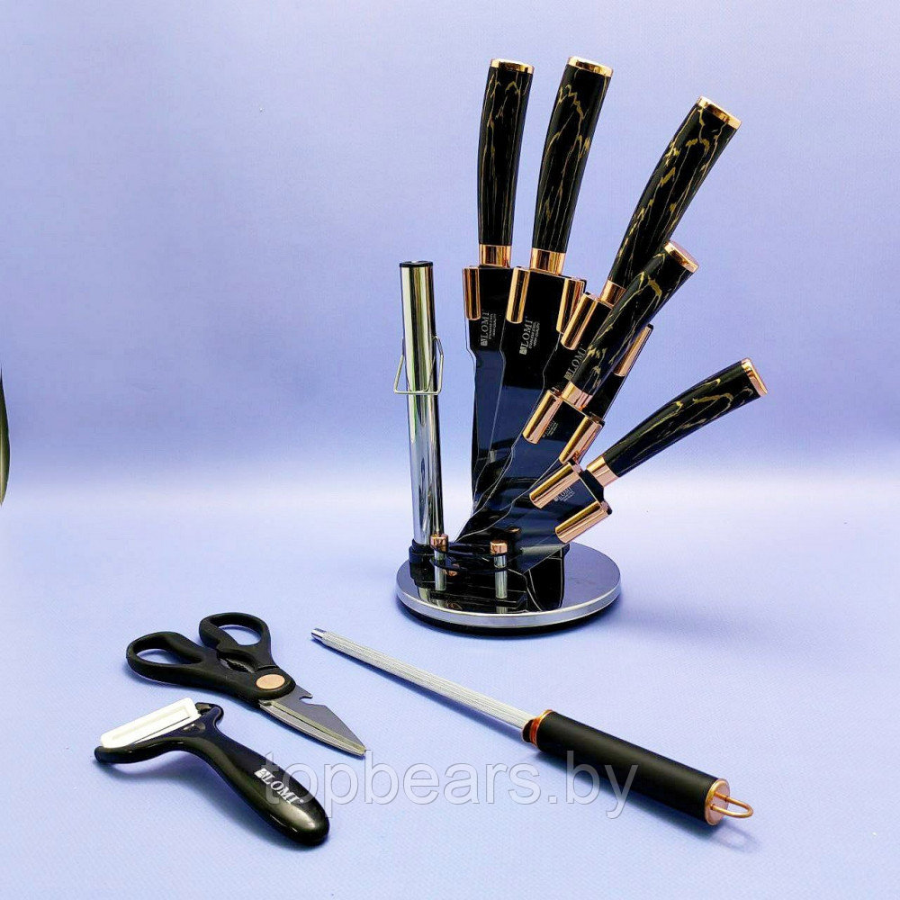 Набор кухонных ножей из нержавеющей стали 9 предметов Alomi на подставке / Подарочная упаковка Черный мрамор - фото 6 - id-p219213674