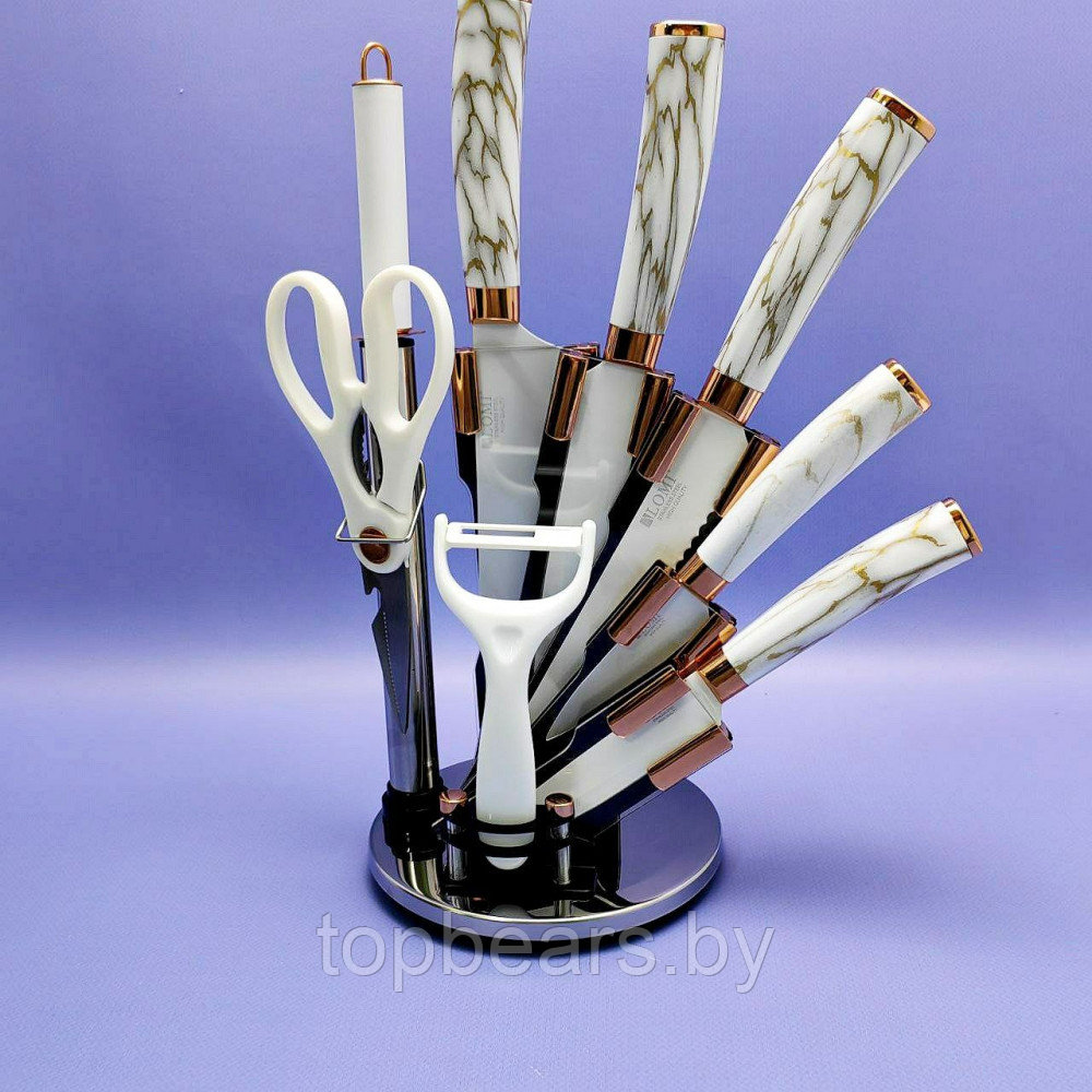 Набор кухонных ножей из нержавеющей стали 9 предметов Alomi на подставке / Подарочная упаковка Черный мрамор - фото 8 - id-p219213674