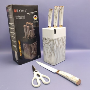 Набор кухонных ножей из нержавеющей стали 7 предметов Alomi на подставке / Подарочная упаковка Белый мрамор