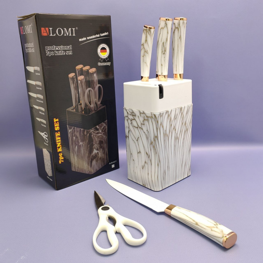 Набор кухонных ножей из нержавеющей стали 7 предметов Alomi на подставке / Подарочная упаковка Черный мрамор - фото 4 - id-p219213960