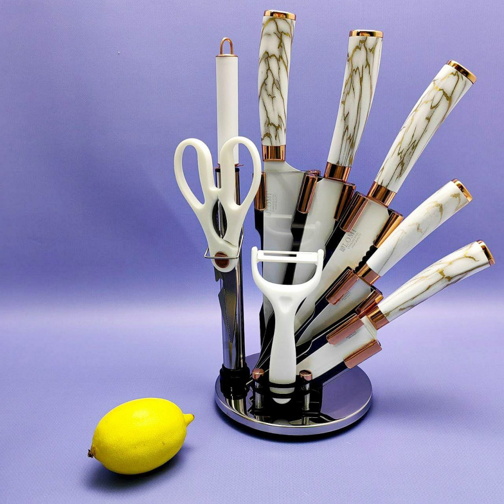 Набор кухонных ножей из нержавеющей стали 9 предметов Alomi на подставке / Подарочная упаковка Белый мрамор - фото 9 - id-p219213965