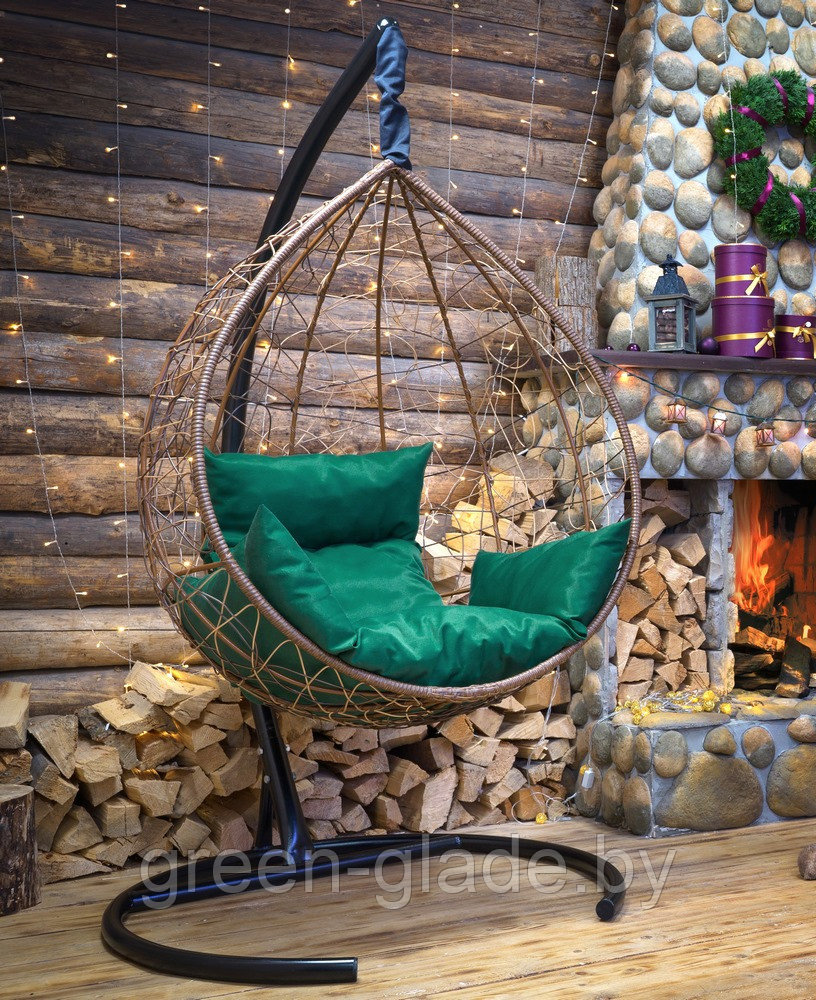 Подвесное кресло-кокон SEVILLA из ротанга горячий шоколад, зеленый подушка - фото 1 - id-p3215469