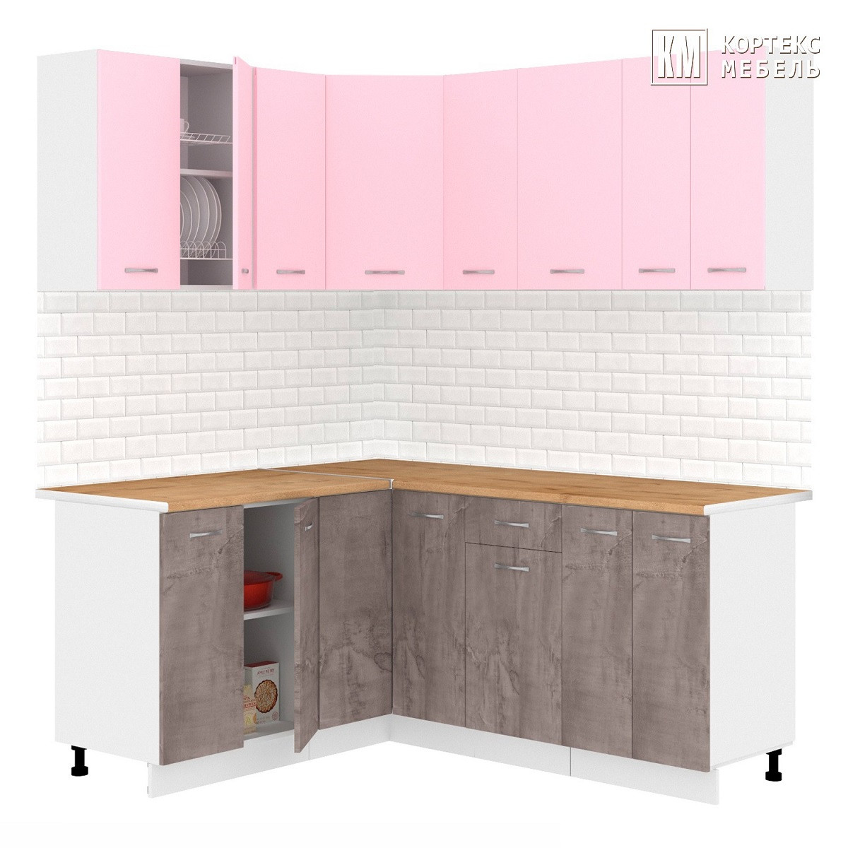 Кухня угловая Лира 1.5x1.8 м Розовый - Оникс