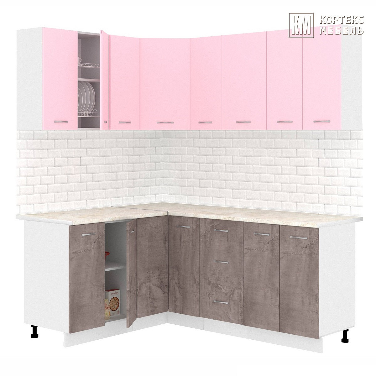 Кухня угловая Лира 1.5x1.9 м Розовый - Оникс