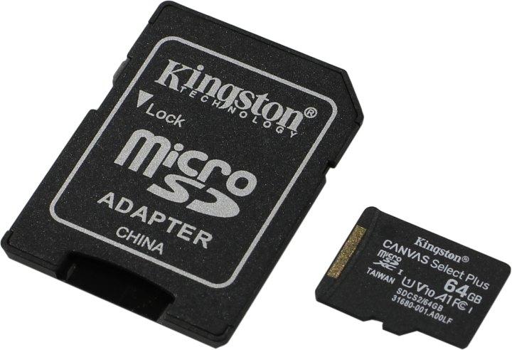 Карта памяти Micro SD 64 Gb Kingston Canvas Select Plus microSDXC (SDCS2/64GB) - фото 1 - id-p203910109
