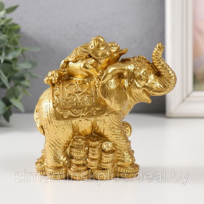 Нэцке золото полистоун "Жаба на слоне с монетами" 12х6,8х11,2 см - фото 1 - id-p219321485