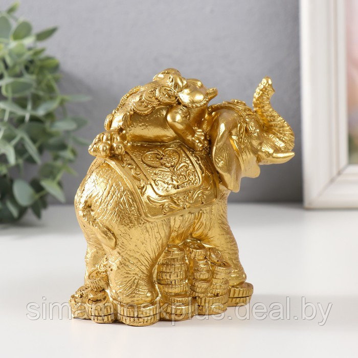 Нэцке золото полистоун "Жаба на слоне с монетами" 12х6,8х11,2 см - фото 2 - id-p219321485