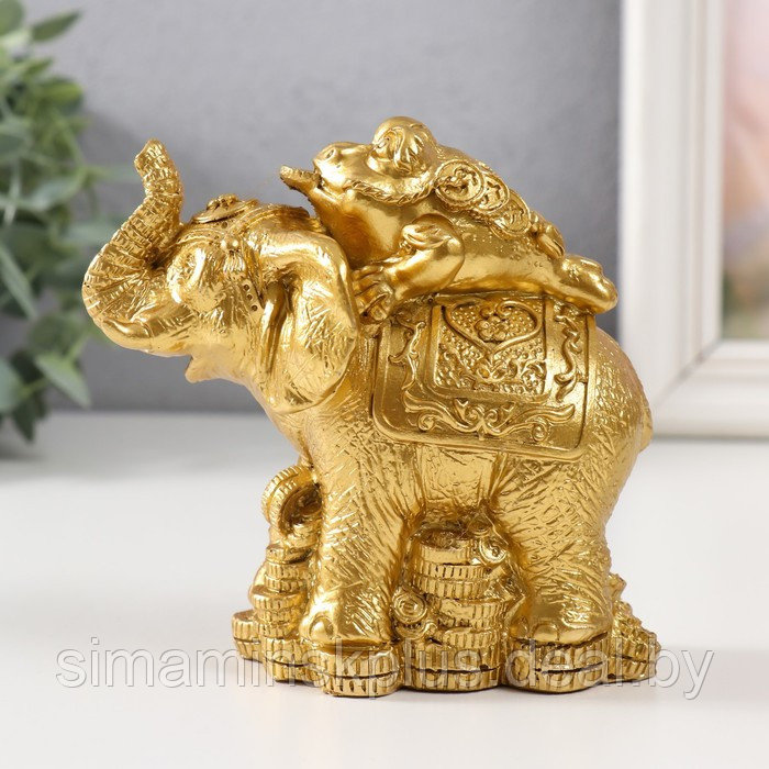 Нэцке золото полистоун "Жаба на слоне с монетами" 12х6,8х11,2 см - фото 4 - id-p219321485