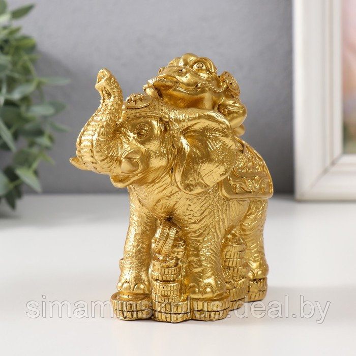 Нэцке золото полистоун "Жаба на слоне с монетами" 12х6,8х11,2 см - фото 5 - id-p219321485