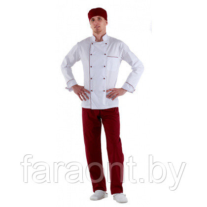Куртка шеф-повара белая мужская с длинным рукавом на манжете (отделка бордовый кант)