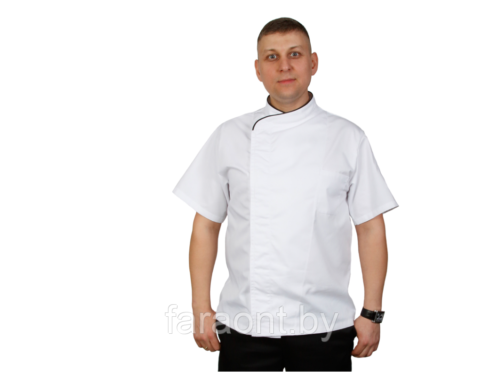 Куртка шеф-повара премиум белая рукав короткий мужская (отделка черный кант) - фото 1 - id-p219329564