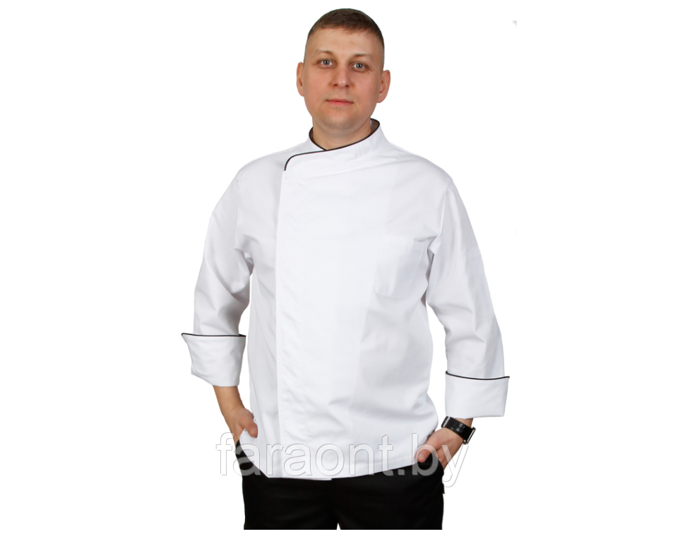 Куртка шеф-повара премиум белая рукав длинный с манжетом мужская (отделка черный кант)