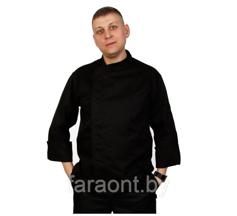 Куртка шеф-повара премиум черная рукав длинный с манжетом мужская (отделка черный кант) - фото 3 - id-p219330888