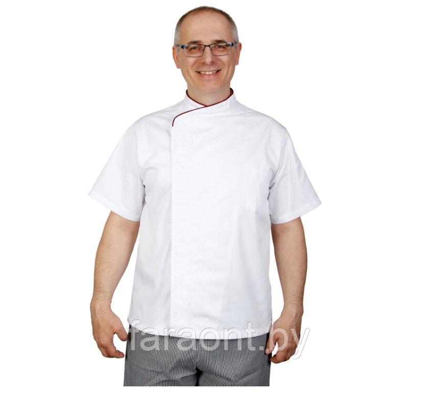 Куртка шеф-повара премиум белая рукав короткий (отделка бордовый кант) мужская.