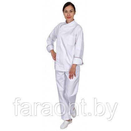 Куртка шеф-повара премиум белая рукав длинный с манжетом женская (отделка боровый кант)