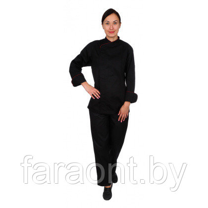 Куртка шеф-повара премиум черная рукав длинный с манжетом женская (отделка боровый кант)