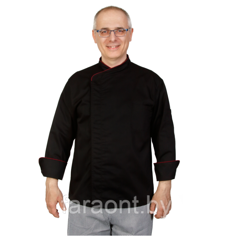 Куртка шеф-повара премиум черная рукав длинный с манжетом мужская (отделка боровый кант)