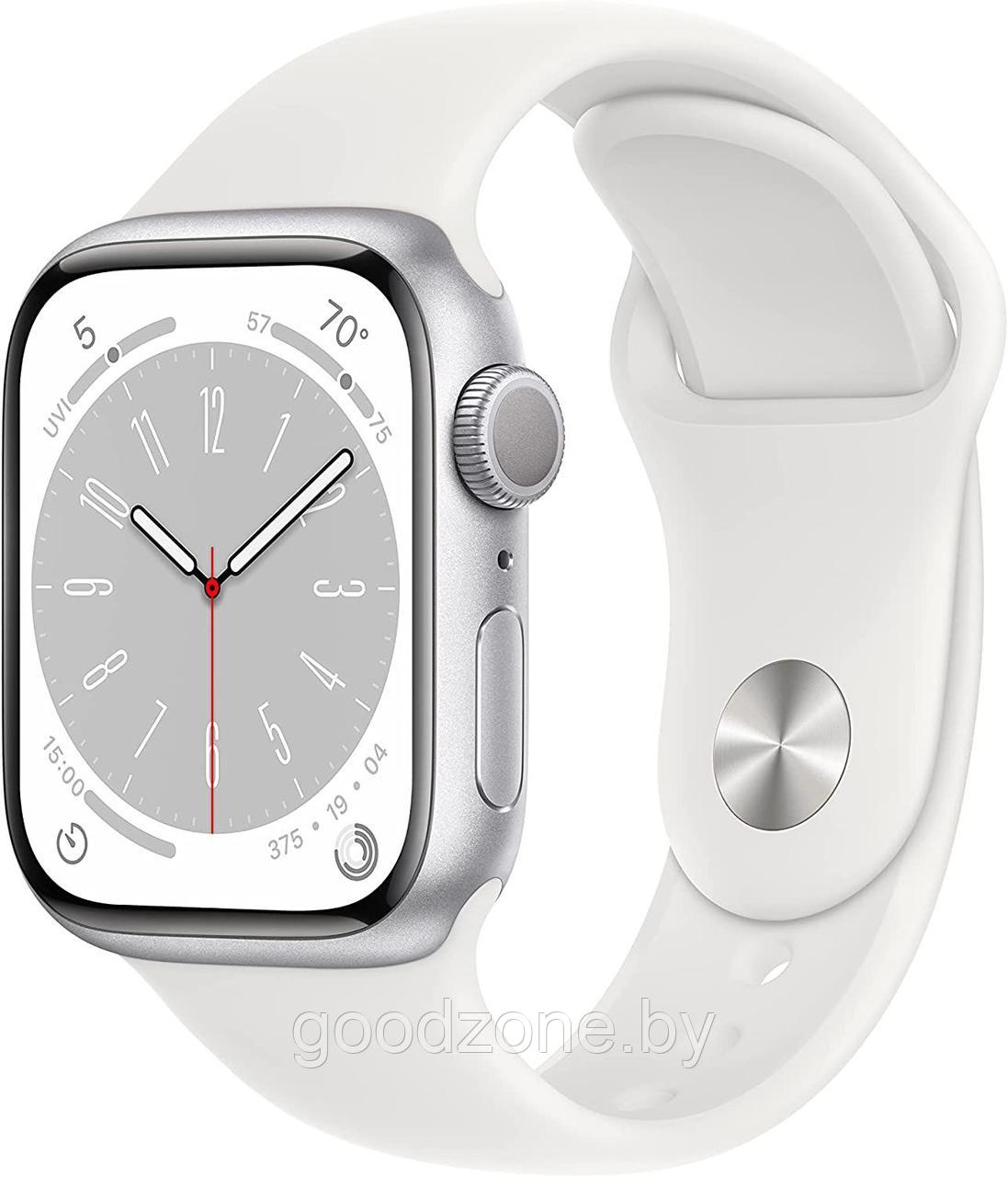 Умные часы Apple Watch Series 8 41 мм (алюминиевый корпус, серебристый/белый, спортивные силиконовые ремешки - фото 1 - id-p205060601