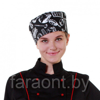 Шапочка повара «Таблетка» поварёшки и кастрюли на чёрном фоне